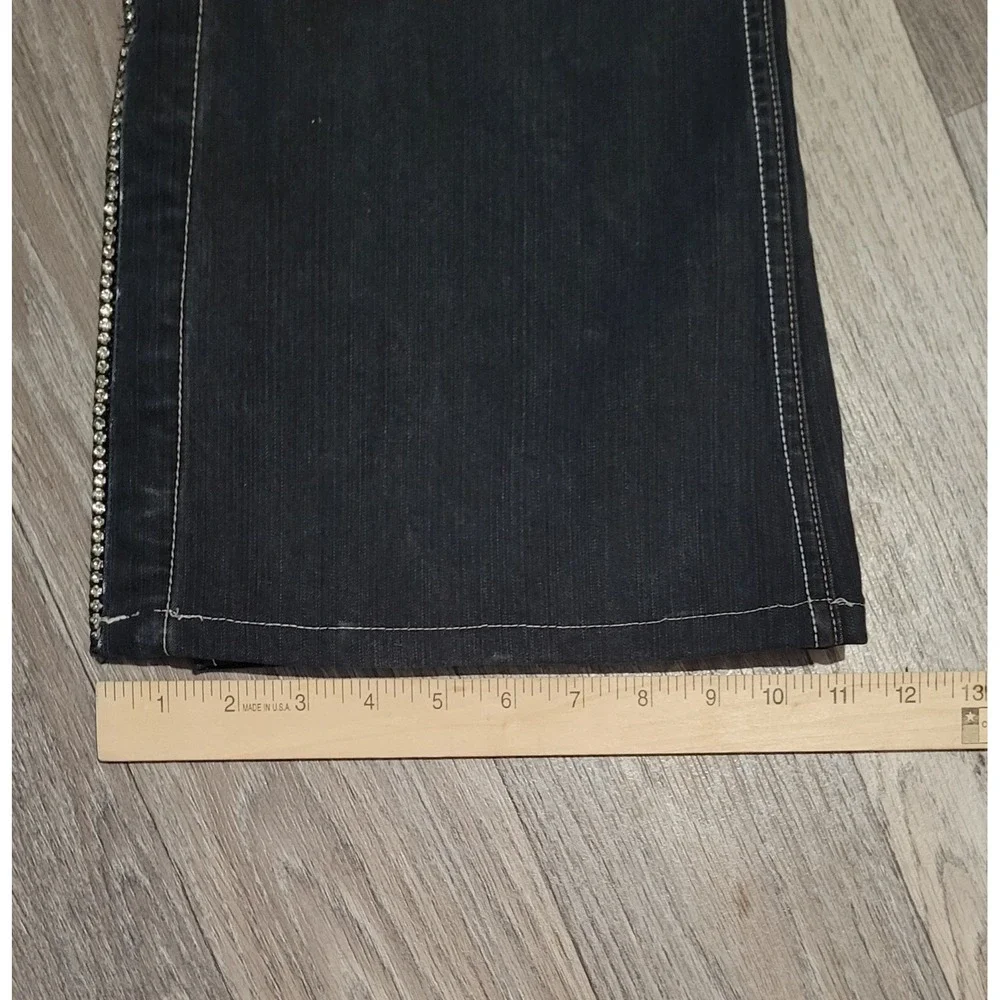 Women's Black Denim Rhinestone Accents Jeans-Size 32‎ Flare Leg Boho 70s